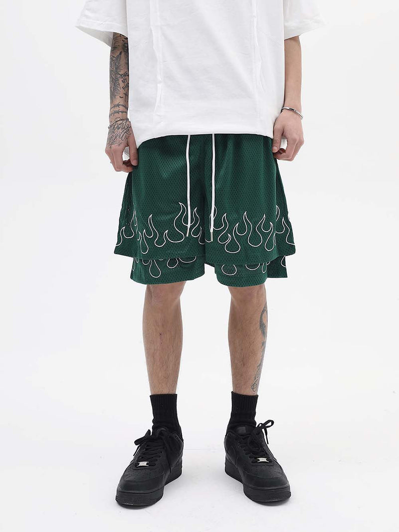 Double Layer Flame Embroidered Mesh Shorts