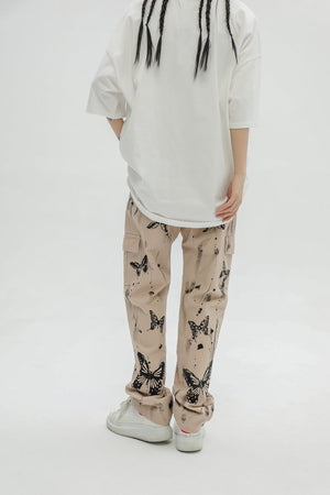 Butterfly Print Cargo Pants with Paint Splatter