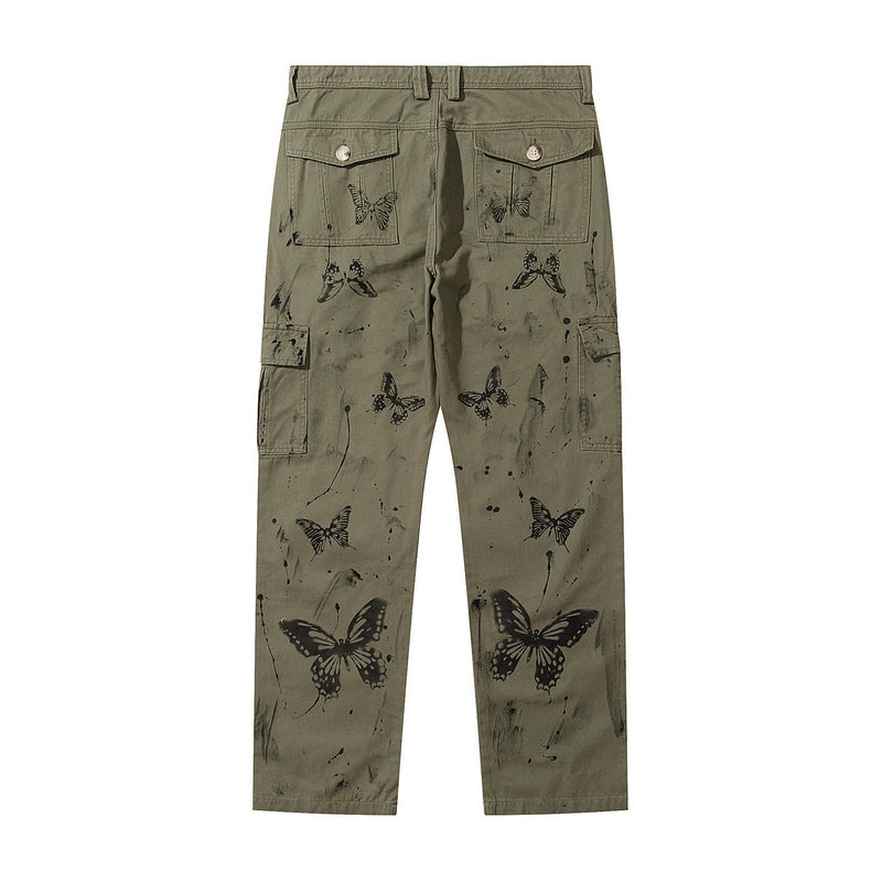 Butterfly Print Cargo Pants with Paint Splatter
