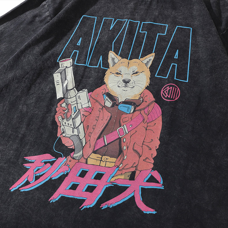 'Akita' Acid Washed Graphic Print Cotton T-Shirt