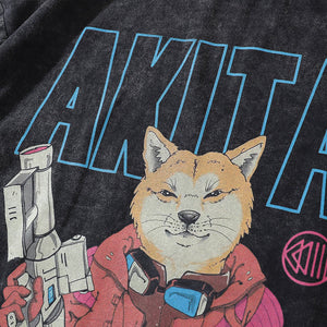 'Akita' Acid Washed Graphic Print Cotton T-Shirt