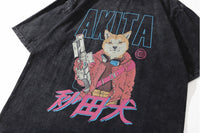 'Akita' Acid Washed Graphic Print Cotton T-Shirt