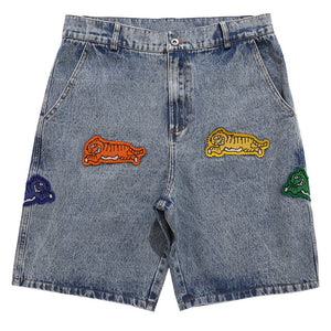 Denim Shorts with Custom Tiger Patch Embroidery