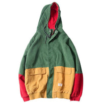 Block Patchwork Corduroy Hooded Jacket - CLOUT COLLECTION
