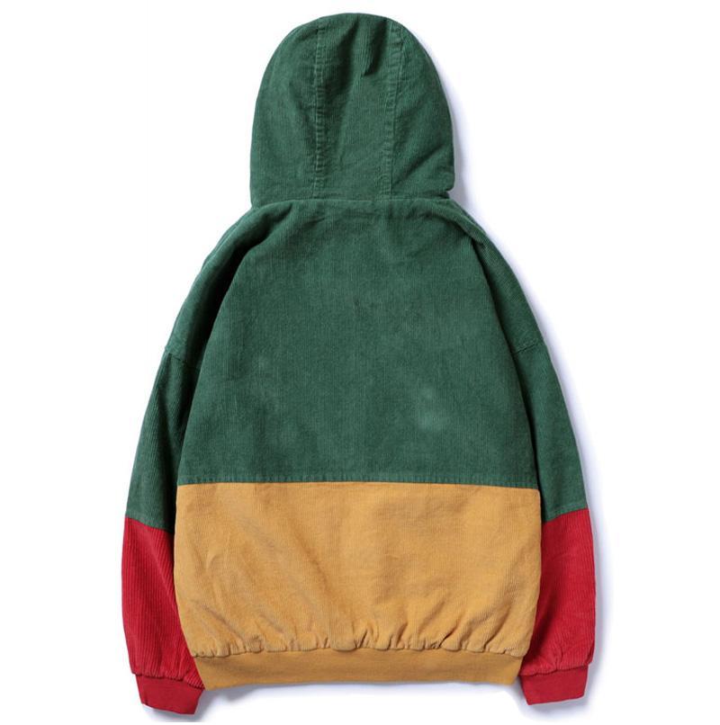 Block Patchwork Corduroy Hooded Jacket - CLOUT COLLECTION