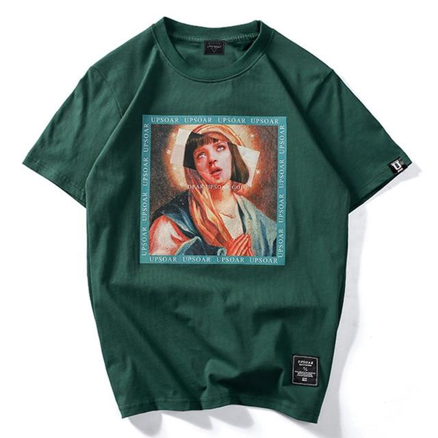 Cotton T-Shirt with Virgin Mary Print - CLOUT COLLECTION